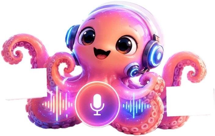 Inky, a pink octopus with headphones and a glowing microphone