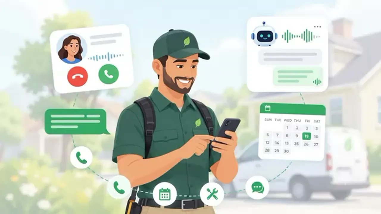 Illustration: a pest control technician in a green uniform checks his phone while an AI receptionist answers a call, chats with the homeowner and books the visit on a calendar, with the company van behind him.