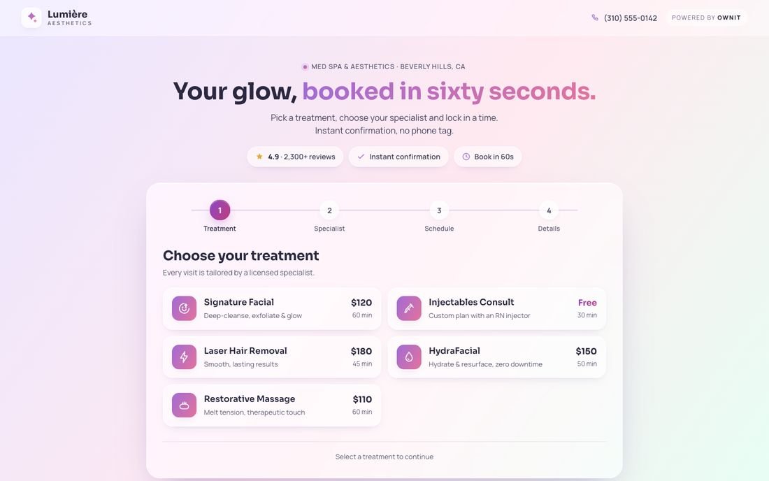 Lumière Aesthetics, a med spa booking system demo
