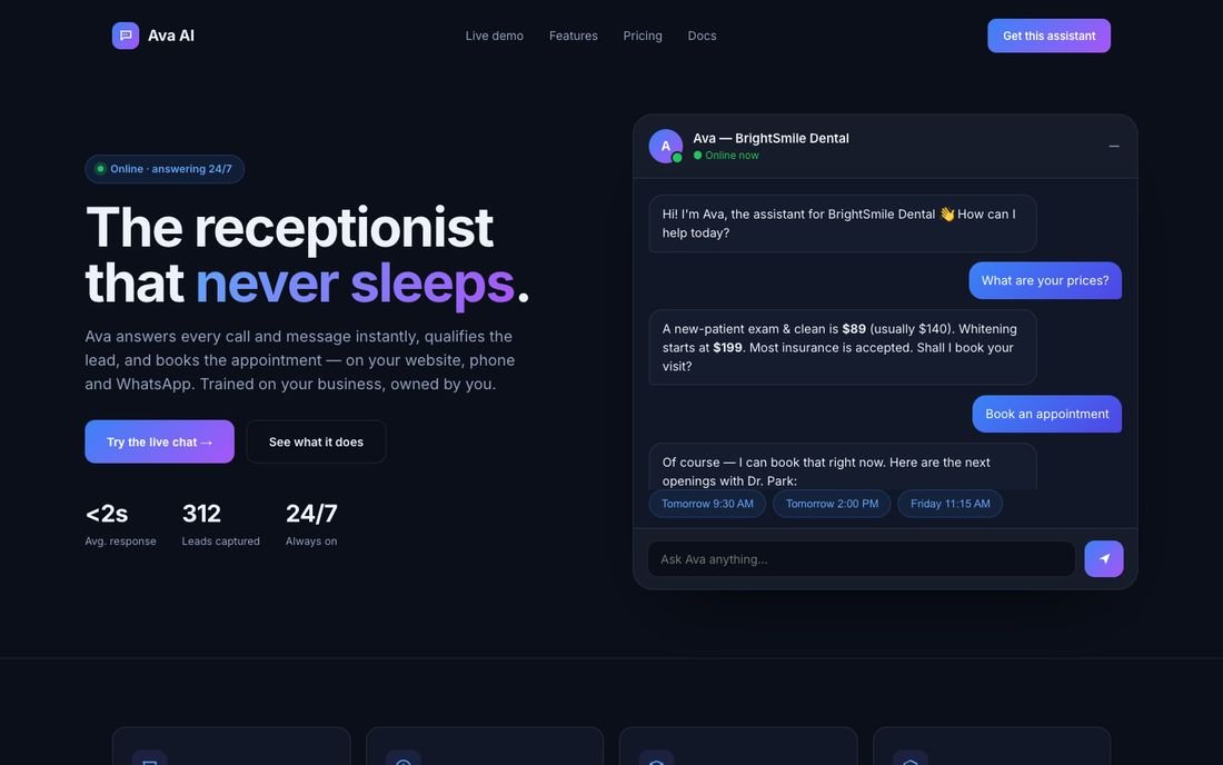 Ava for BrightSmile Dental, a ai receptionist demo