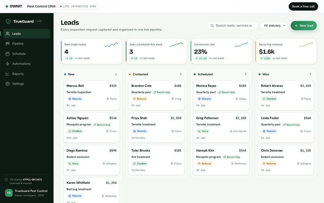 TrueGuard Pest Control, a home services crm demo