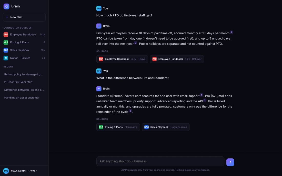 Brain, an internal AI assistant demo answering questions with cited sources