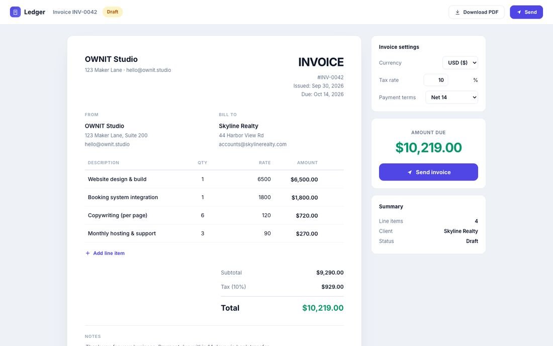 Ledger, an invoicing tool demo with line items, tax and totals