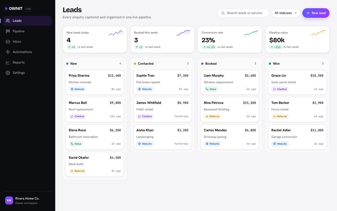 A leads and jobs CRM demo for a home services company
