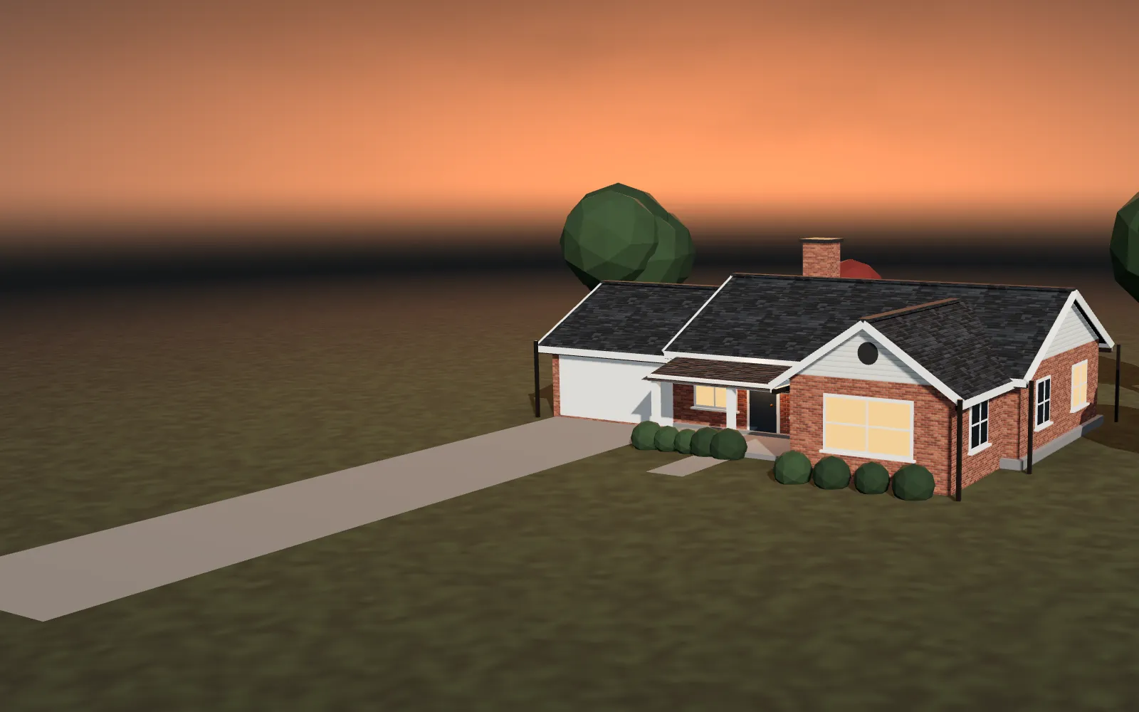 A brick ranch house with an attached garage and the selected roof, at dusk.