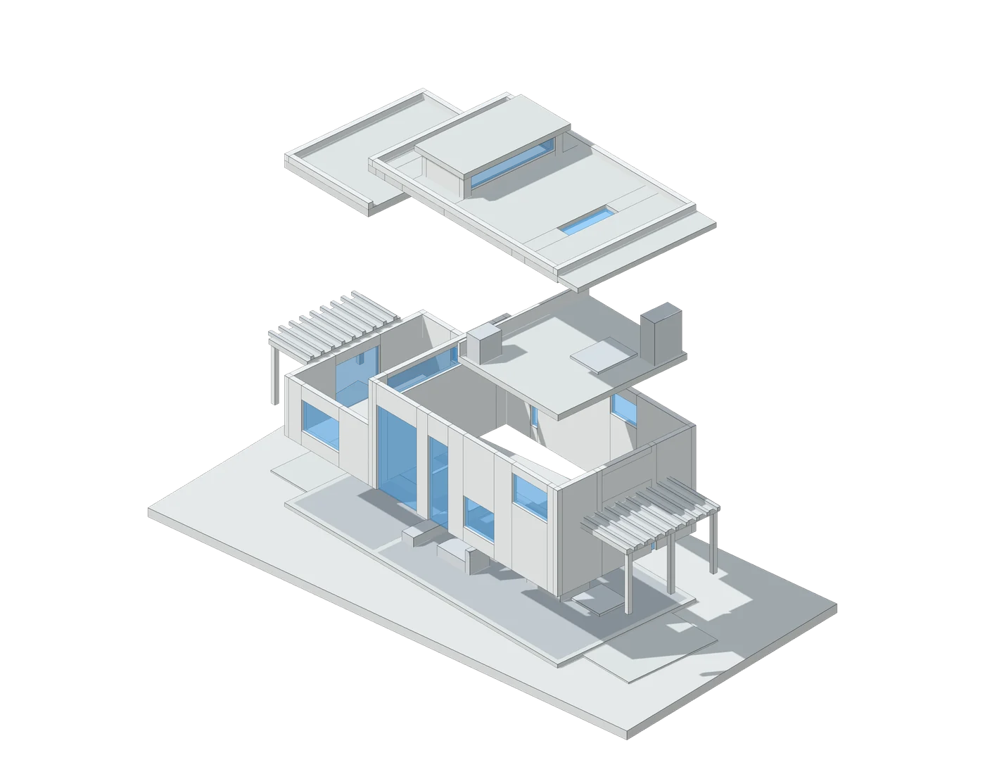 Exploded axonometric drawing of the Piñon Ridge House: roof with light monitor, loft floor, walls and ground slab pulled apart in layers