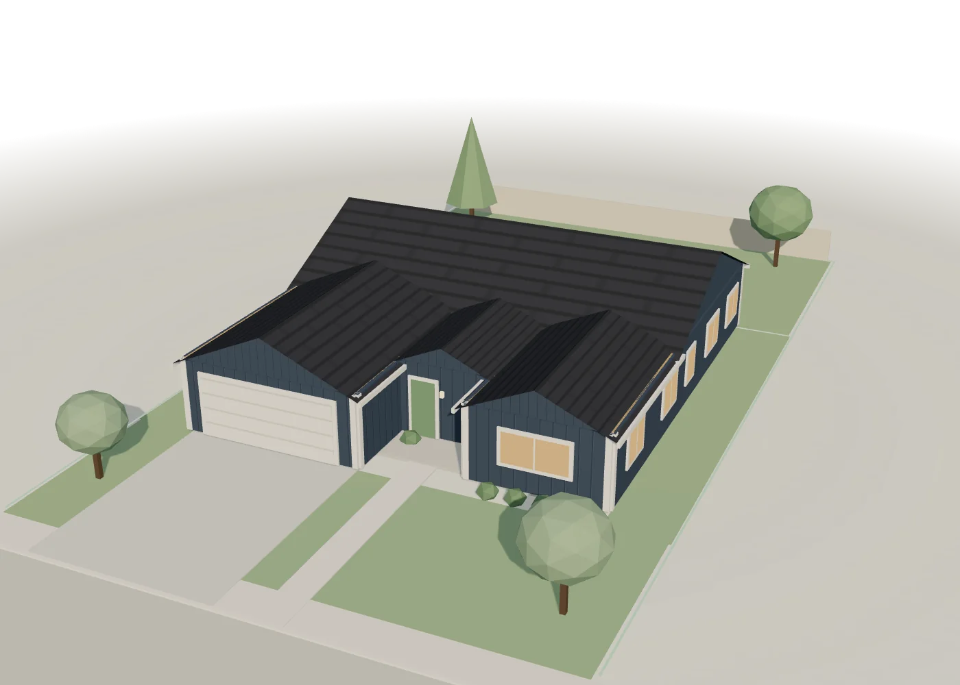 Illustrated model of a finished single-story home with slate siding, a gray roof, a sage front door and young trees