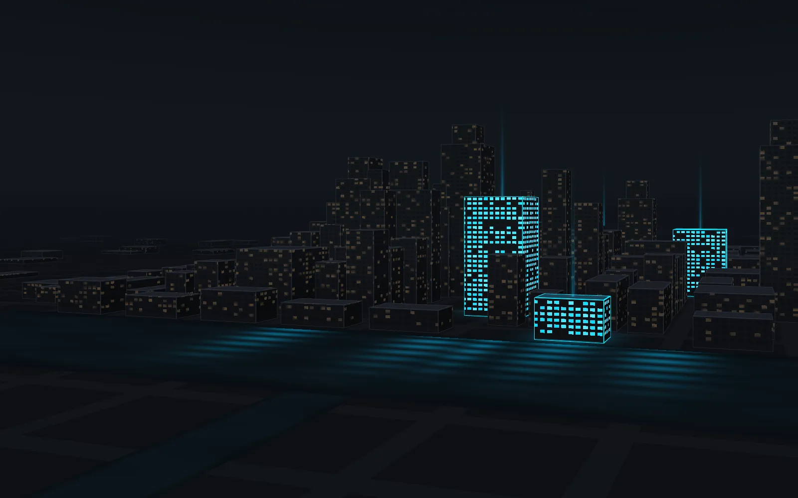 A night model of downtown Cincinnati across the Ohio River, with the buildings that have space open lit in cyan.