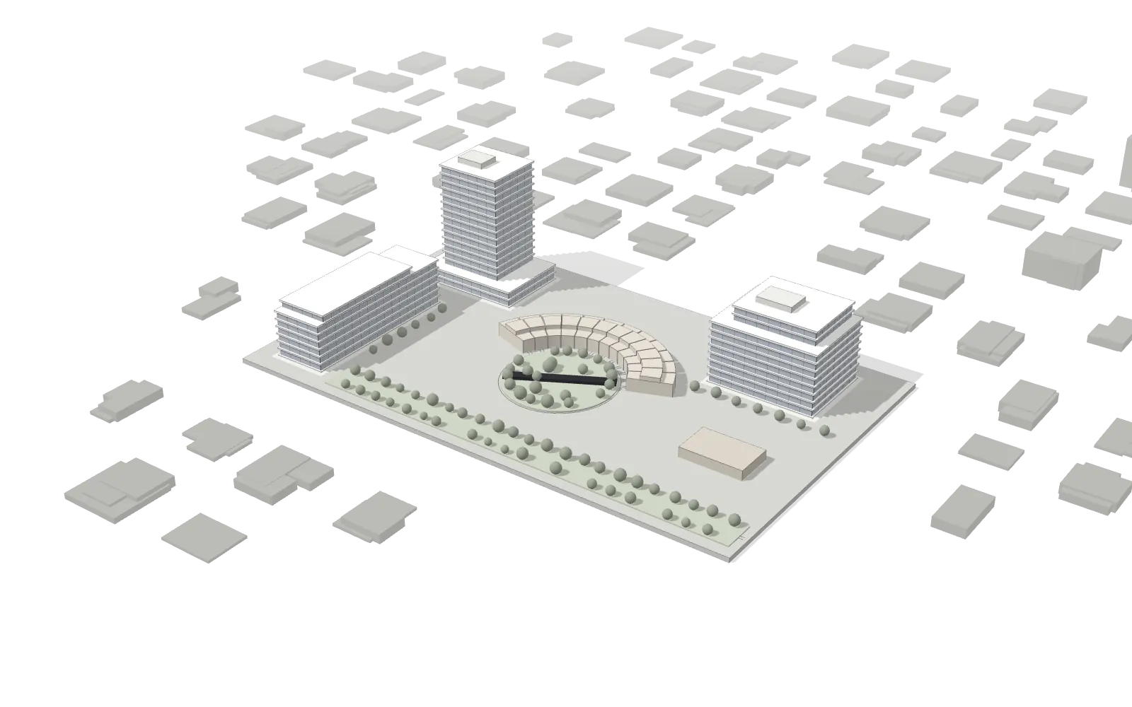 Massing model of Fieldhouse Yards: two residential buildings, an office building, a restored roundhouse market hall and a round park on the old rail turntable.