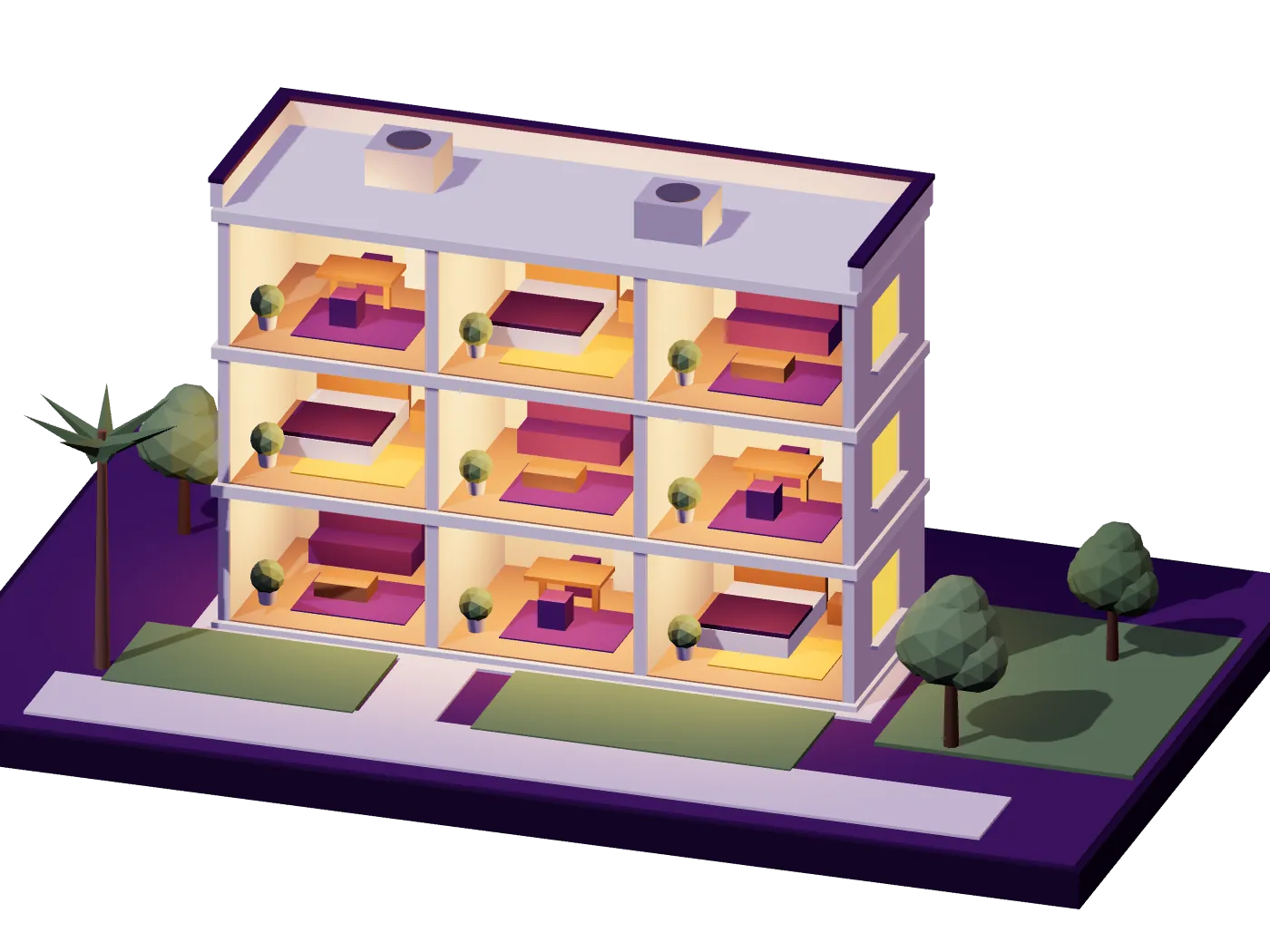 Cutaway model of a three-storey, nine-unit Sacramento apartment building with every unit lit and leased